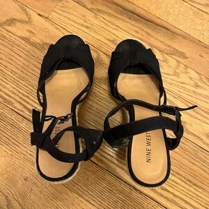 Nine West Black Espadrille Wedge Platform Peeptoe Sandals